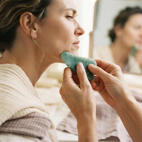 A person using a traditional gua sha tool on their jawline, illustrating the limitation of surface-level skin massage.