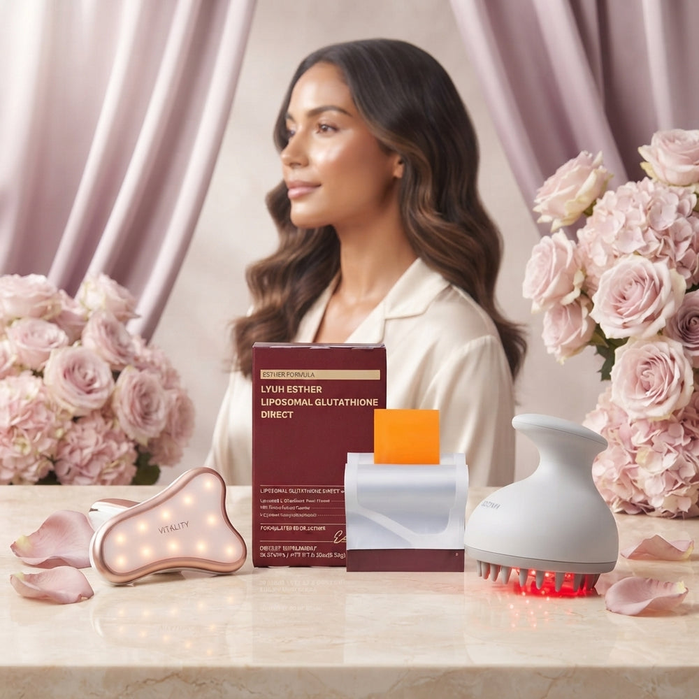 A premium arrangement of Esther Formula Glutathione strips, a red light therapy hair comb, and an LED Gua Sha device on a cre