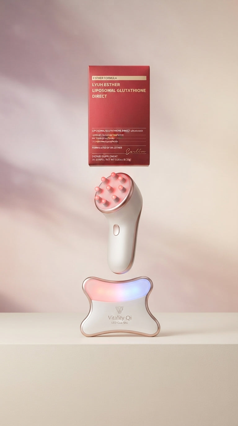 A professional arrangement of skincare and hair growth tools including glutathione strips, a red light scalp massager, and a 