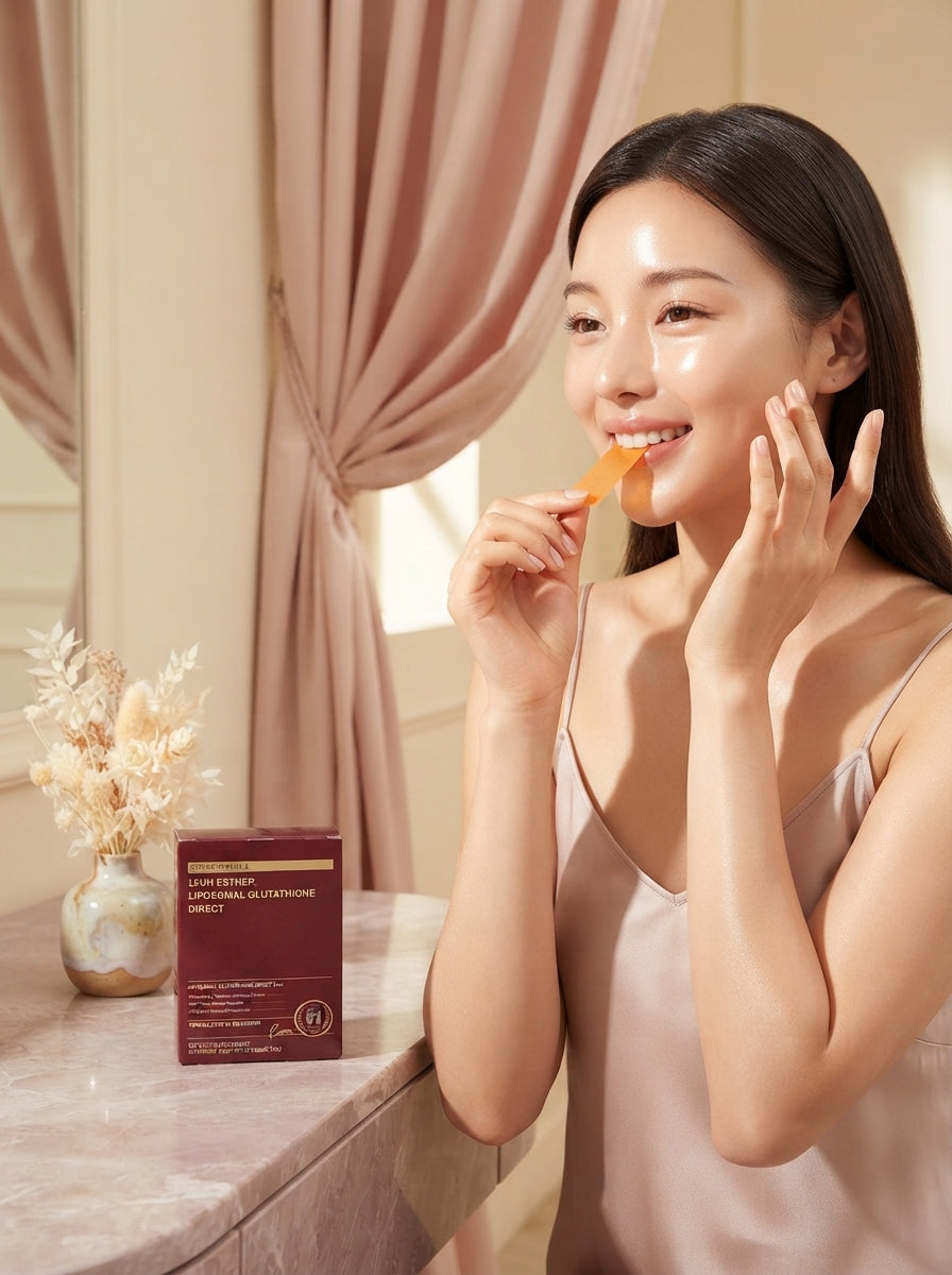 A woman with glowing skin holding a glutathione strip in a luxurious room with blush pink and cream decor.