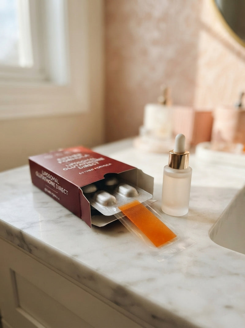 A close-up view of a morning skincare routine with glutathione supplement strips and a serum bottle on a vanity.