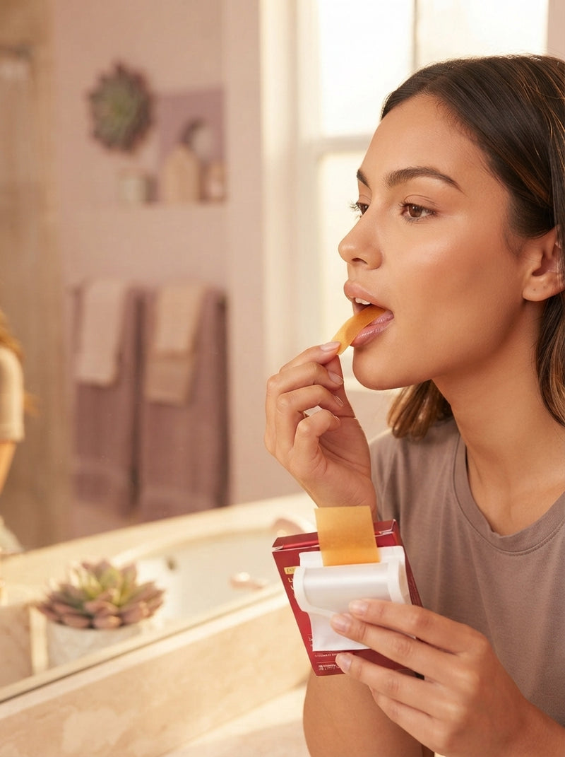 A woman taking a side-profile mirror selfie in a sunlit room to show skin and jawline clarity as part of her beauty routine.